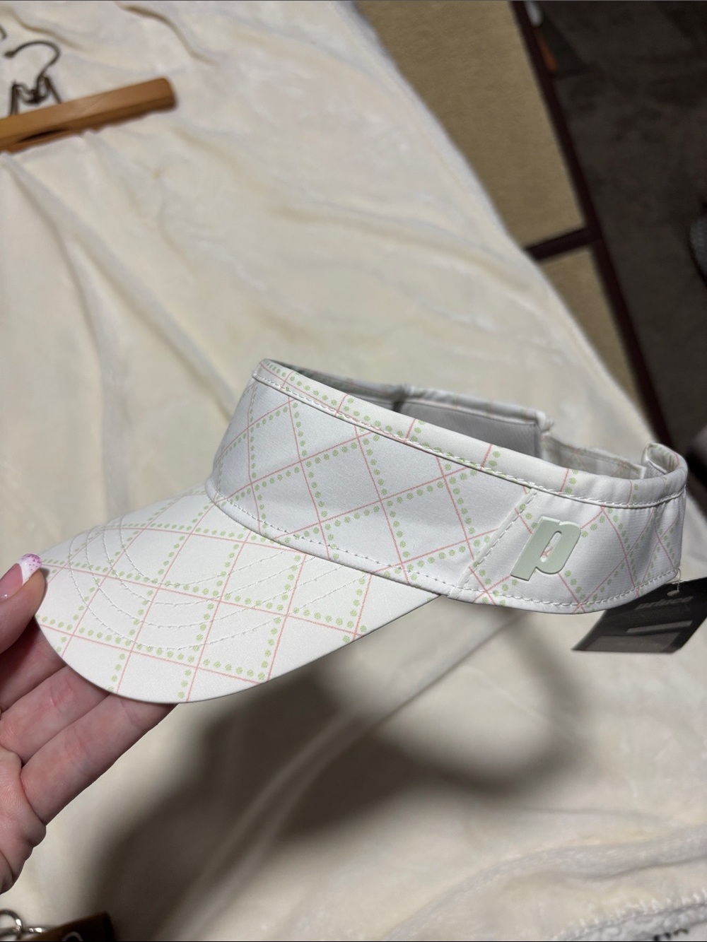 Prince White Quilted Visor with Pink and Green Diamond Accents
